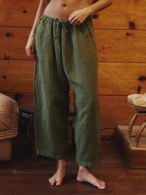 SOKOI Laurel Linen Wide Leg Cropped Yoga Pants Women Size S Green